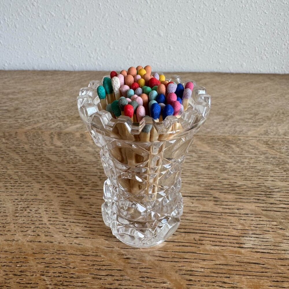 Vintage Crystal Toothpick Holder, Sawtooth Rim Mini Vase